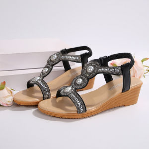 [Free Shipping] Plus-Size Wedge Sandals For Women 2026 Summer New Collection Bohemian Style With Rhinestones And Elastic Straps Roman-Style Sandals For Women