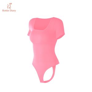 [Hottie Diary] New Spring/Summer Limited Edition Womens Short Sleeve Bodysuit - Buttoned Thong Shapewear - Pink New  Fashionable and versatile piece - Available in sizes up to 3XL