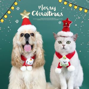 ER52858 Cartoon Pet Scarf Pet Printed Knitted Scarf Puppy Collar Funny White Pompom Ball Cat Neck Warmer Christmas Decor