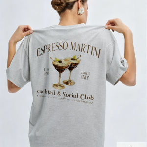 [Local Stock] HBESTY  Vintage Martini Glass Letter Relaxed Ladies Shirt Wrinkle Resistant Blouse Casual Attire for Bar Date Girls Coastal Holiday Trip