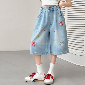 Kids Child Summer Retro Blue Denim Shorts with Stars for Tweens Girl Hip Hop Pocket High Waist Slim Knee Length Capris Jeans