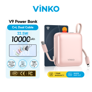 [CCC clarified] VINKO V9 Pocket Fast Charging Powerbank CE clarified 10000mAh Type-C Lighting Dual Cable 22.5W Android 18W Apple Pocket Size Design