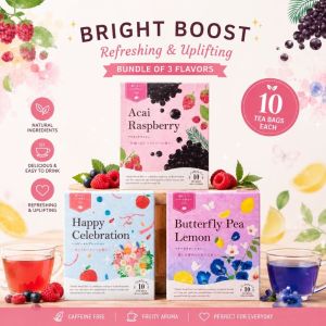 Bright Boost Japan Fruity Herbal Tea Bundle 30 Tea Bags | Acai Raspberry Happy Celebration Butterfly Pea Lemon
