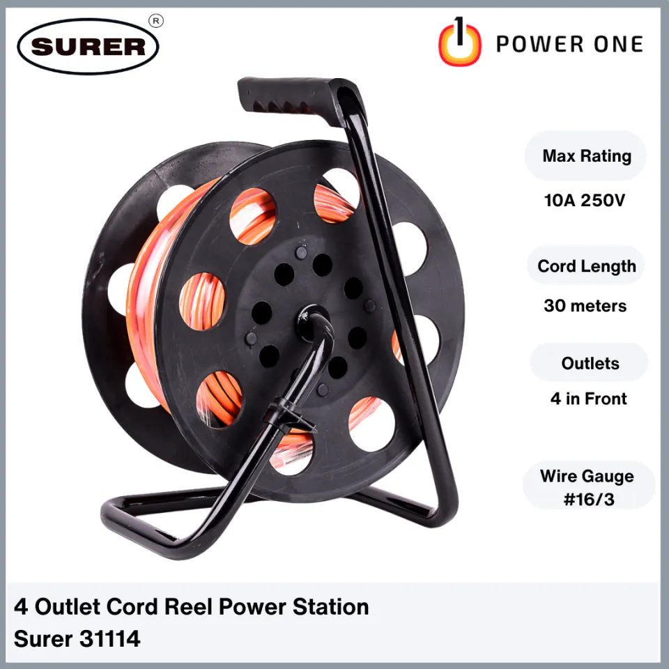 Surer Outlet Portable Power Station 100ft/30 Meters (31114), 4 Outlet Gang  Reel, extension cord