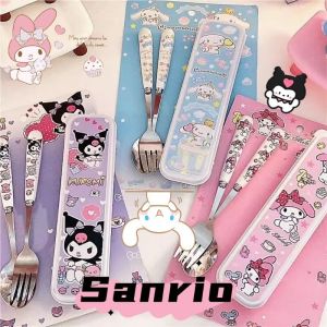3PCS Sanrio Kuromi Tableware Chopsticks Kawaii Cinnamoroll Cute Spoon Fork Cartoon Student Family Soup Stainless Steel Toys Girls