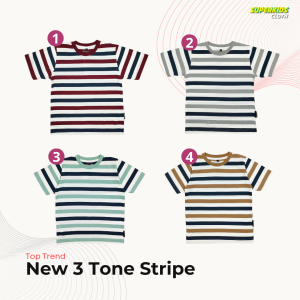 Kaos Anak Stripe Laki Laki Kaos Anak Salur Three Tone Nevy Maroon Putih Tosca Gold Kubus Lengan Pendek Kaos Anak Perempuan Salur Strip Tiga Warna 1 - 11 Tahun Superkidscloth