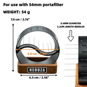 NEOUZA 51mm WDT Tool & Dosing Funnel 2-in-1 7 Concentric Rings Efficient Distribution for Clump-Free Extraction Snap-On Fit 304 Stainless Steel & Beech Wood Base