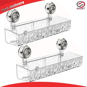 【Alloet】 Bathroom Wall Organizer 2Pcs Suction Cup Toothbrush Holders No Drill Clear Storage Shelf