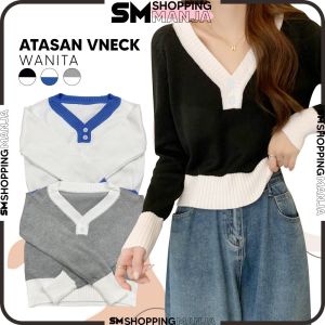 Baju Lengan Panjang Wanita Vneck Bahan Rajut dengan 2 Kancing / Sweater Knit Long Sleeves Crop Fashion Street SM P368