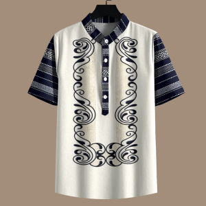 2025 Filipino Native Barong Retro Stand-up Collar Short-sleeved Tops for Men Ethnic Traditional Floral Pattern Printed Clothes Loose Casual Asean Bohemian Shirts for Men