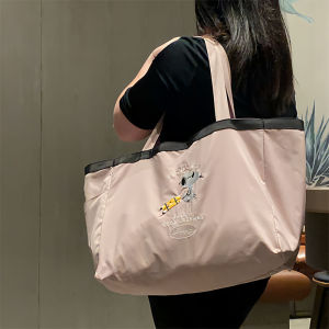 Japanese Style Cute Dog Cartoon Embroidered Travel Bag Foldable Portable Shoulder Duffle Fits Luggage Trolley Handle for Short Trips