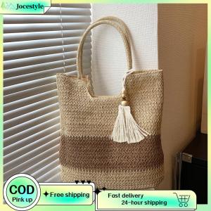 [Jocestyle Outdoor Mall]Summer Hand-Woven Handbags Contrast Color with Tassels Weaving Underarm Bag Large-Capacity Handmade Fashion Casual for Seaside Holiday
