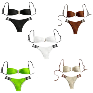 Women Ruched Swimwears Set Bandeau Swimsuit Adjustable Back Tie Strapless Bathing Suit Ladies Backless Swimming Costume