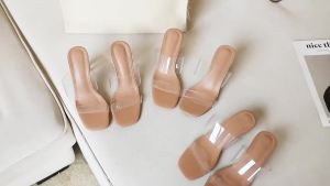 [Free Shipping] 2025 New Genuine Sheepskin Leather Strap Transparent High Heel Sandals for Women with Chunky Crystal Heel
