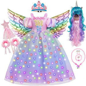 Gradient Pink Unicorn Princess Dress Girls Luxury Off Shoulder Birthday Party Elegant Gown Summer Wedding Flower Girl Dress