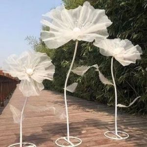 VOYUE 3pcs/set Large Giant Road Lead Flowers Organza with Stem Wedding Flower Stylish Design with Base Photography Props Flower Wedding Guide