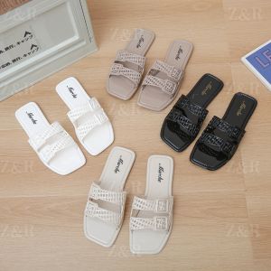 Z&R Summer Peep Toe Flats With Two Strap Cross Woven Style For Womens Daily Wear Rubber Material