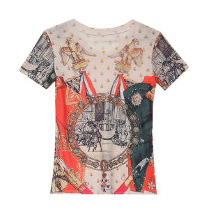 REHIN Womens top Fashion print with diamonds round neck short-sleeved T-shirt stretch thin elegant blouse