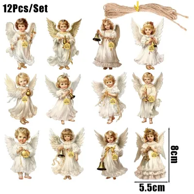 12PCS Christmas Tree Decorations - Wood Angel Ornaments Victorian Style Holiday Pendants for Mantel/Car/Table Settings Reusable Festive Decor