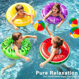 8 Pack Inflatable Pool Floats Pool Toys for Swimming Pool Party Kids Adults 4 Pcs Fruit Swim Tube Rings & 4 Pcs Beach Balls Pool Floaties Summer Lake Hawaiian Beach Luau Party Decorations Water Fun