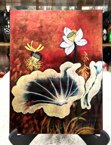 Tranh sơn mài Thanh Bình Lê- HOA SEN nền dát vàng/ bạc size 30x40 cm hàng cao cấp xuất khẩu