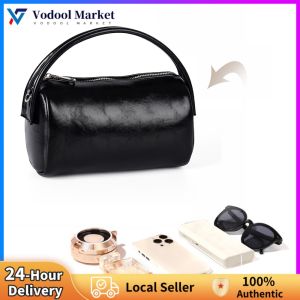 Portable PU Leather Wristlet Clutch for Women Small Cylindrical Bag with Zipper for Travel and Events