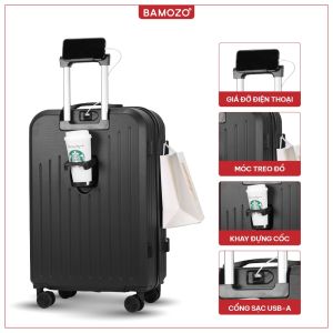 Vali Kéo Du Lịch 8812 Bamozo Bản Cao Cấp Màu Đen Size 14 20 24 Bảo Hành 5 Năm Nhựa ABS Chống Va Đập
