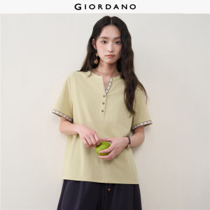 Giordano Women 100% cotton embroidered trim short sleeve Tee Free Shipping 18326812