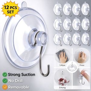 12pcs/set Multi-functional Suction Cup Hooks Heavy Transparent Reusable Wall Hanging Hook for Kitchen Bathroom Window Home Organizer