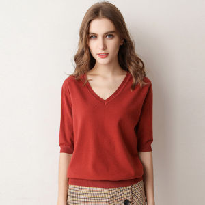 Knitted Shirt V-Neck Women‘s Half Sleeve womens loose knitted bottoming shirt