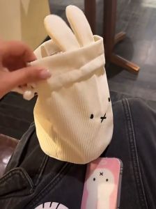 Cute Bunny Corduroy Drawstring Storage Pouch Cosmetic Makeup Organizer Mini Bucket Bag