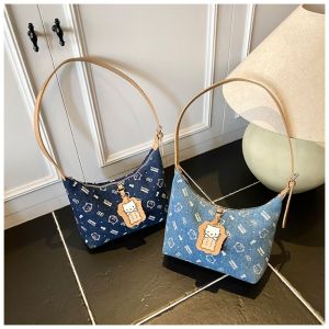 SOTOP กระเป๋าถือแบบถือ กระเป๋าสะพายไหล่ลายคิตตี้ พิมพ์ออกมาแล้ว Y2K กระเป๋าแมว KT แบบพกพาได้ กระเป๋า Crossbody กระเป๋า Hobo ผ้ายีนส์ สาวๆ