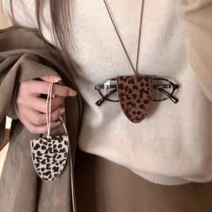 ALLLUCK Họa tiết da báo Túi đựng kính mắt Bền bỉ Da PU dây chuyền kẹp kính Thời trang Đa chức năng Kẹp kính mắt Phụ kiện dành cho nữ