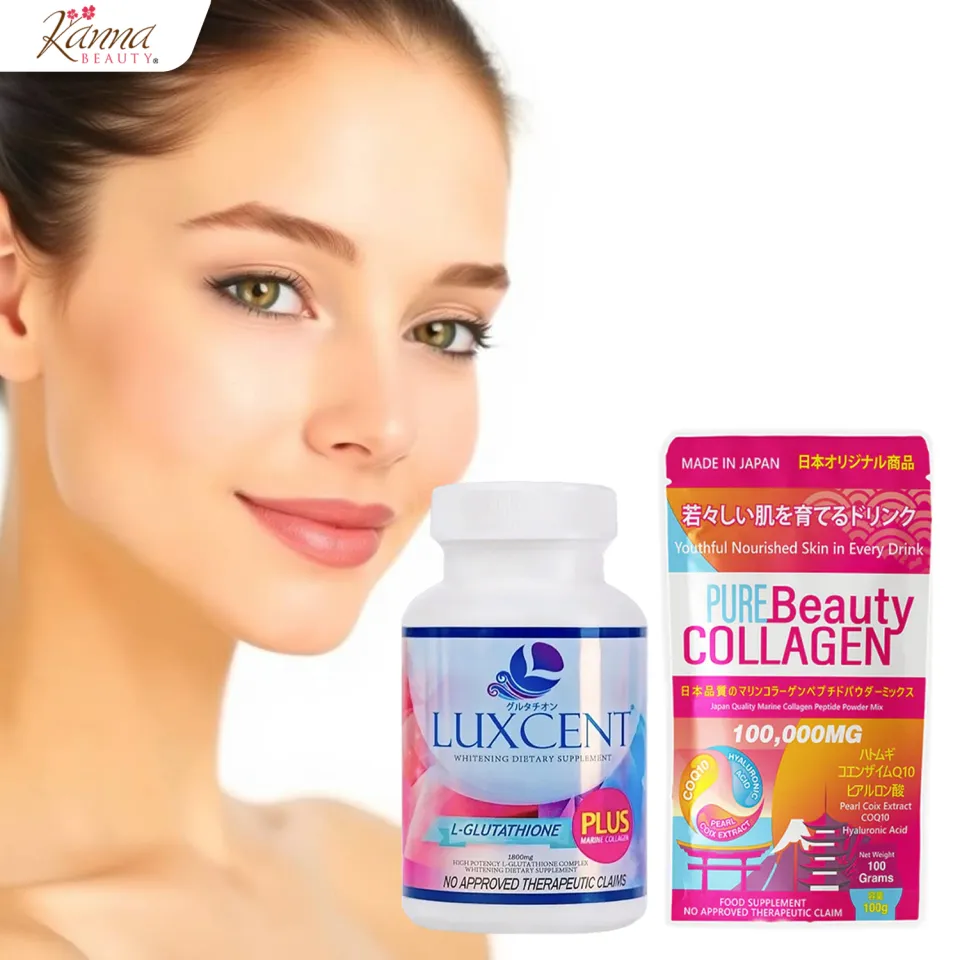 luxcent glutathione review 2021 Pure Beauty Collagen PBC Powder Drink 100 grams and White 60 capsules Combo glutathione L-glutathione peptides bundle:Buy 2 🩸 