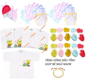 [TẶNG VÒNG DÂU TẰM ] Combo 37 Món Áo Quần Sơ Sinh 100% cotton ( 5 áo Trắng nút giữa + 2 nón + 10 tã dán + 10 cặp bao tay + 10 cặp bao chân)