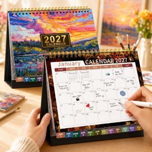 OOG Floral Pattern 2027 Desk Calendar Spiral Bound Standing Design Table Calendar Table Planner Decorative Standing Flip Calendar Office Use