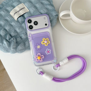 Cute 3D Flower TPU Card Holder Phone Case With Wrist Lanyard Shockproof Clear Cover For iPhone 11 12 13 14 15 16 17 18 Pro Max Plus Air Shockproof Clear Cover