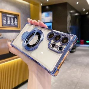 Crashstar MagSafe đứng với ống kính phim dày góc mạ Cứng trong suốt vỏ điện thoại cho Samsung Galaxy S25 S24 siêu S22 cộng với S23 Ultra Plus + FE A53 A54 A34 A55 A35 A25 A15 A16 5g A24 A06 a05s sạc không dây Ốp điện thoại rõ ràng vỏ bọc