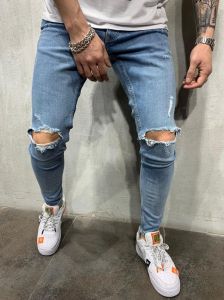 Celana Jeans Gaya Ripped Knee warna Blue Bandung Denim