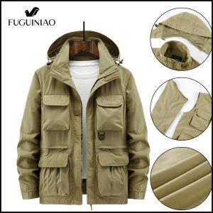 FUGUINIAO Mens detachable informal hooded jacket windproof warm coat with pocket high-quality winter jacket