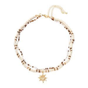 OWMXZL 2 Pieces Set Vintage Boho Coconut Wood Beads Necklace Double-layer Handmade Sun Pendant Necklace Elegant Adjustable Length Rice Beads Necklace For Men and Women