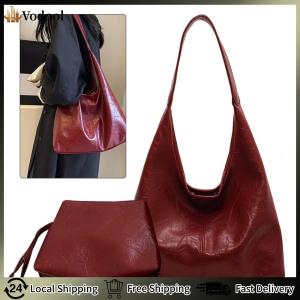 【Vodool】Women Leather Shoulder Bag Fashion PU Tote Bag Soft Hobo Bag and Clutch 2pcs Shoulder Bag and Handbag Set Commuting Bag