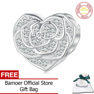 BAMOER 925 Sterling Silver Wedding Series Heart of Rose Bead Wedding Dress Charms for Women Bracelet Bangle DIY Fine Jewelry BSC763
