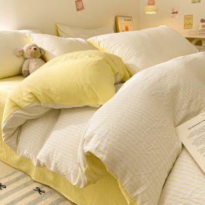 Dansunreve Bộ Ga Trải Giường kẻ sọc cotton giặt bộ đồ giường ngủ 3/4 trong 1 kèm vỏ chăn vỏ chăn chăn bông vàng mềm/Xanh dương/Hồng tối giản đơn giản Vỏ gối bằng phẳng sheetsingle Queen King size