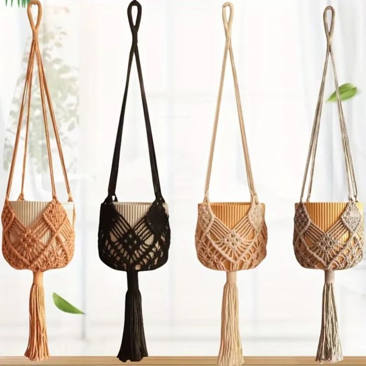 TI9P Dây bông dệt Móc treo cây với túi lưới Macrame Chậu hoa Phong cách ...