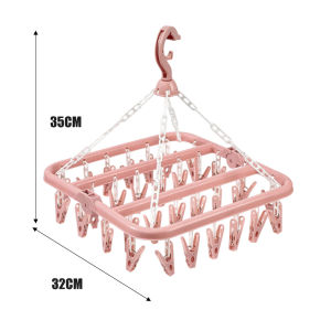 ไม้แขวนเสื้อแบบหมุนได้ความจุขนาดใหญ่-ราวตากผ้าพลาสติก 32 คลิปหนีบลมแบบพับได้