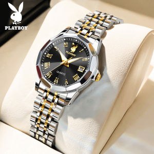 PLAYBOY Watch For Women Original Waterproof Elegant Korean Style Casual Stainless Steel Dual Calendar Display Luminous Gift For Girlfriend
