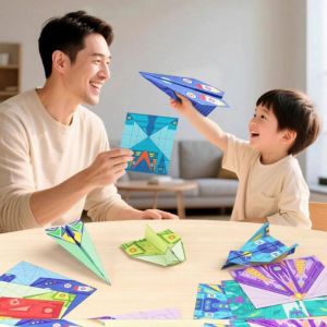 SKINJOY Montessori Handmade Airplane Origami Art Learning Paper Airplane Origami Set Colored Papers Stem Science Kit Cartoon Versatile Paper Aircraft Toy Kids Toddlers Children