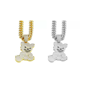 Hip Hop Bear Shape Pendant Necklace Men Women Rhinestones Charm Clavicle Chain Christmas Gift for Daily Wear