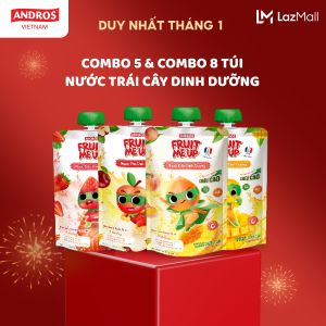 Combo 5 & 8 Túi Nước Trái Cây Dinh Dưỡng Hỗn Hợp 5 Vị (Đào Dâu Xoài Táo Thơm) - Hỗ Trợ Bé Tăng Chiều Cao & Đề Kháng - ANDROS FRUIT ME UP - 150ml x 5